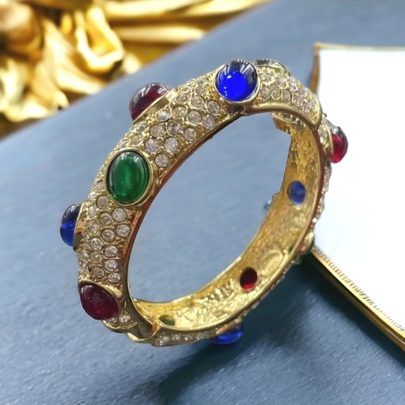 Chunky Mogul Glass Cabochon Pave Zircon Crystal Bangle Clamper Hinged Bracelet - Picture 3 of 5